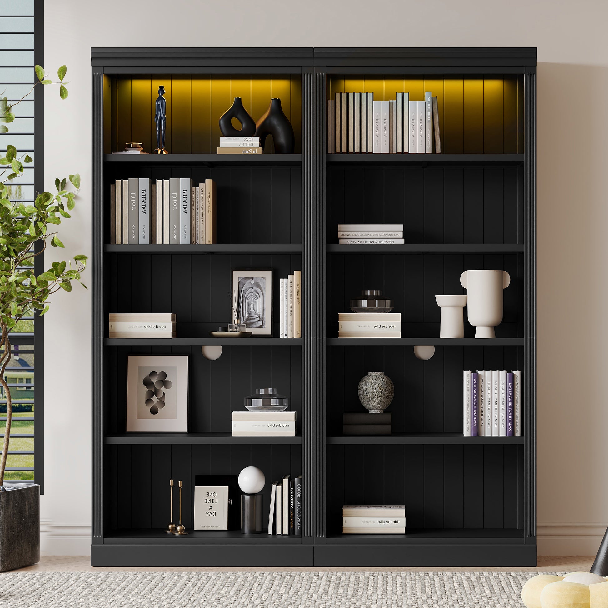 83" Tall Wood Bookcase Suite With Light Strip ,5 Tier Home Decor Bookcase Suite With Adjustable Shelves,Storage Organizer,Free Standing Storage Shelves Suite For Living Room,Home Office,Black Black