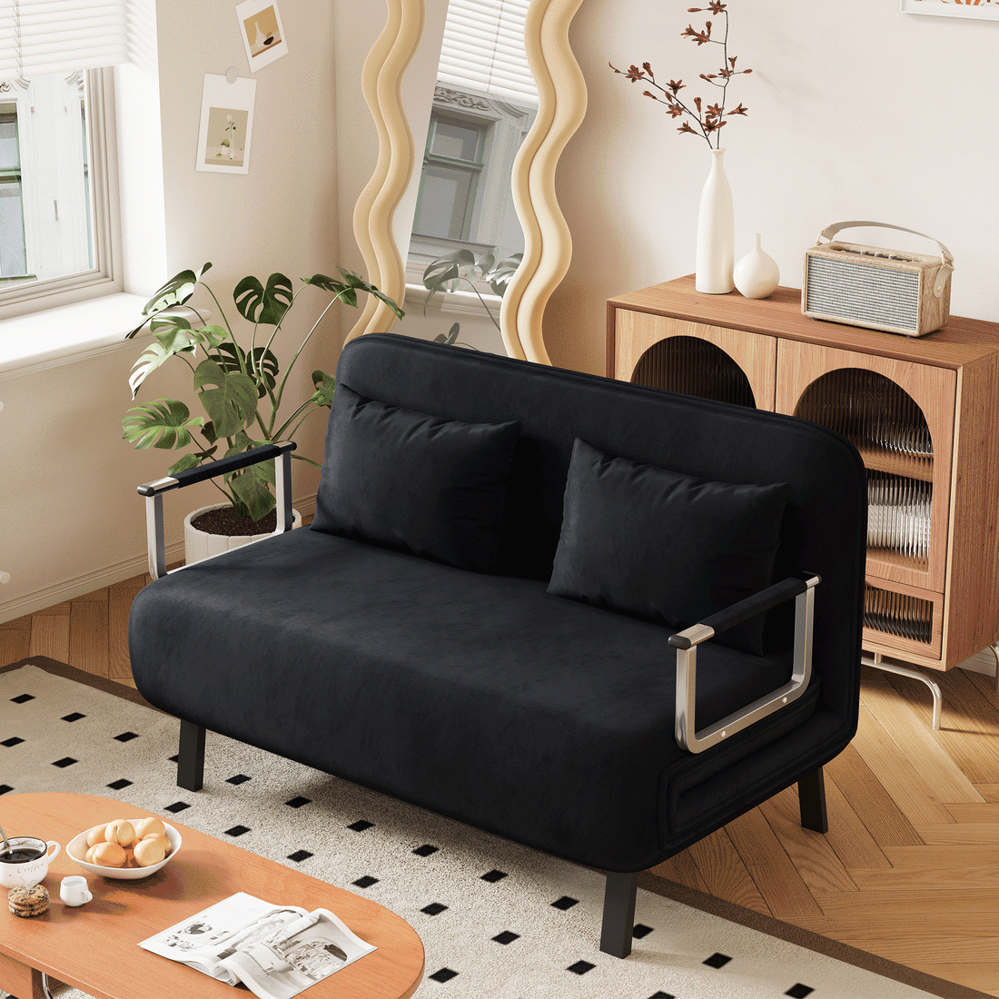 39 Convertible Chair Bed, Tri Fold Sofa Bed With Adjustable Backrest & Pillow, Leisure Chaise Lounge Couch With Sturdy Steel Frame For Home & Office, Comfortable Sleeper Chair Black Black Velvet Primary Living Space Medium Firm Contemporary Polyurethane