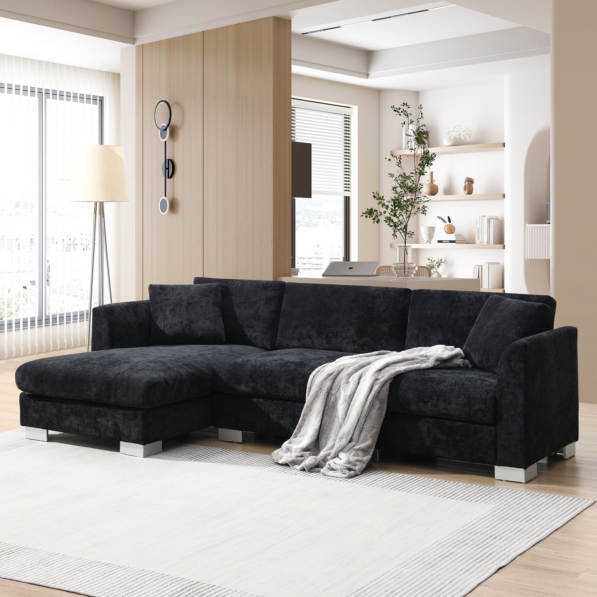 96*56" Modern Cloud Sectional Sofa,L Shaped Luxury Couch Set With 2 Free Pillows,4 Seat Chenille Indoor Furniture With Oversized Chaise For Living Room,Apartment,Office,3 Colors Black Chenille 4