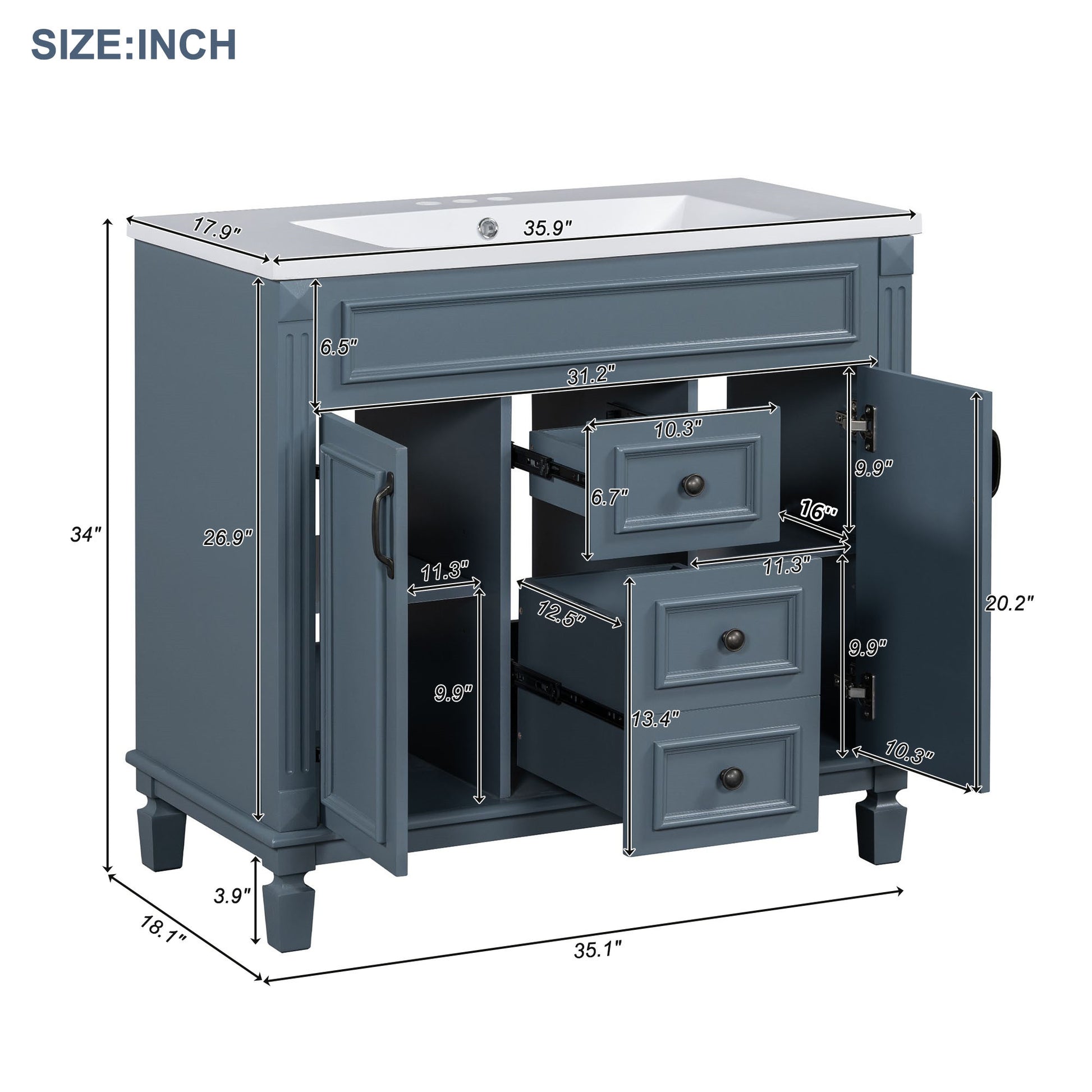 36'' Bathroom Vanity With Top Sink, Royal Blue Mirror Cabinet, Modern Bathroom Storage Cabinet With 2 Soft Closing Doors And 2 Drawers, Single Sink Bathroom Vanity Blue Bathroom Modern Solid Wood