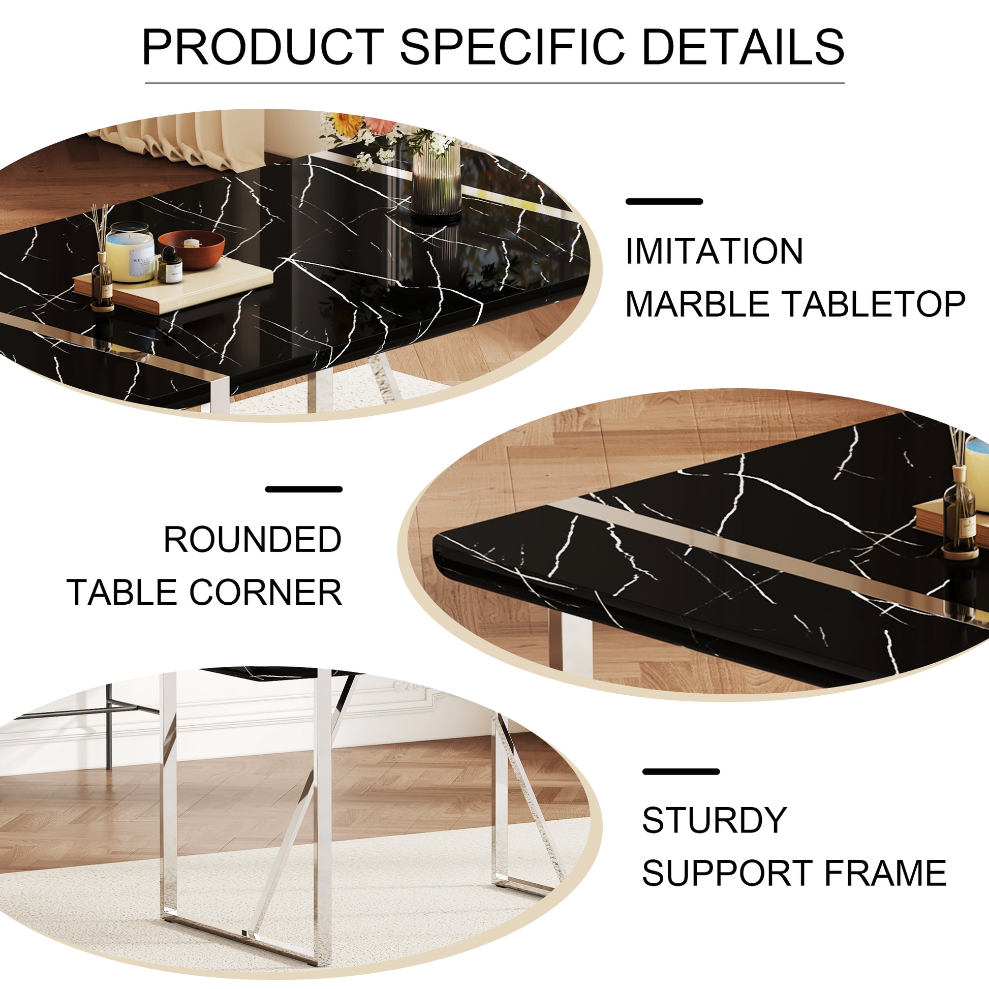 Table And Chair Set.A Rustic Industrial Rectangular Mdf Black Dining Table With Mdf Desktop And Electroplated Silver Metal Legs.Paried With 6 Chairs With Pu Cushion And Metal Legs. Black,Light Gray,Silver Seats 6 Mdf Metal
