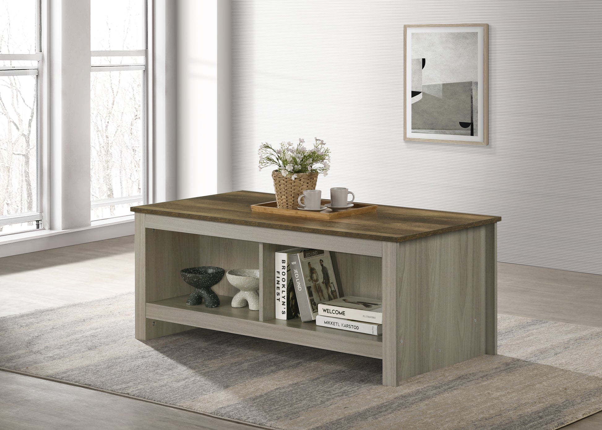 Nyla 43"W Gray Oak Coffee Table With Open Shelves Front And Back Gray Wood