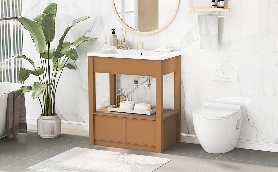 30" Bathroom Vanity With Sink Top, Bathroom Cabinet With Open Storage Shelf And Two Drawers, Brown Brown Solid Wood Mdf