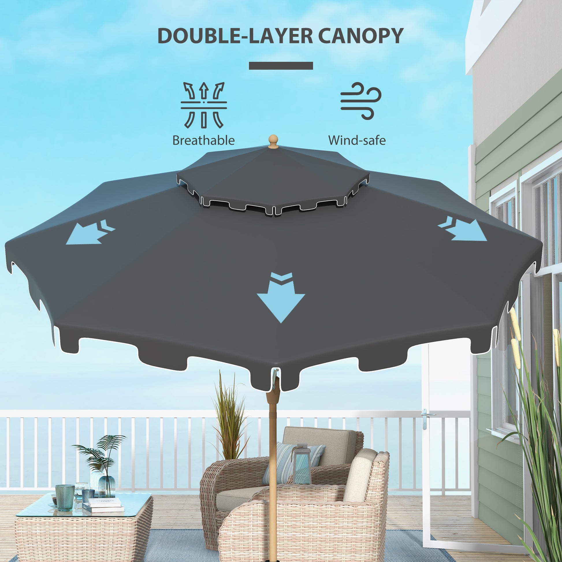 Outsunny 9' Patio Umbrella With Push Button Tilt And Crank, Double Top Ruffled Outdoor Market Table Umbrella With 8 Ribs, For Garden, Deck, Pool, Dark Gray Dark Gray Polyester