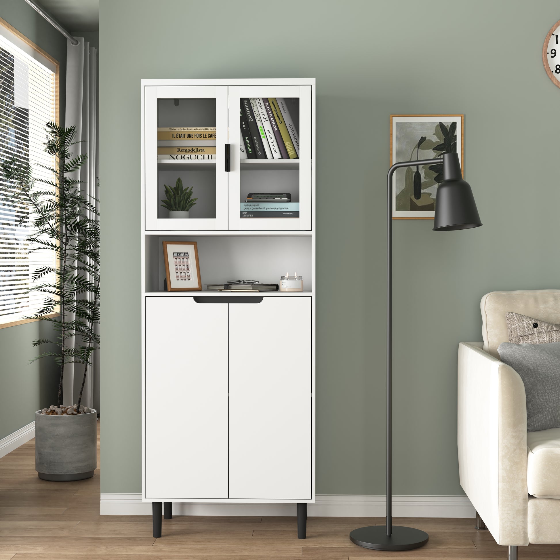 Tall Storage Show Cabinet With 2 Glass Display Door & 2 Doors, Tall Kitchen Pantry Cabinet With Gold Handles, Modern Cabinet Freestanding For Bathroom, Dining Living Room, White White Mdf