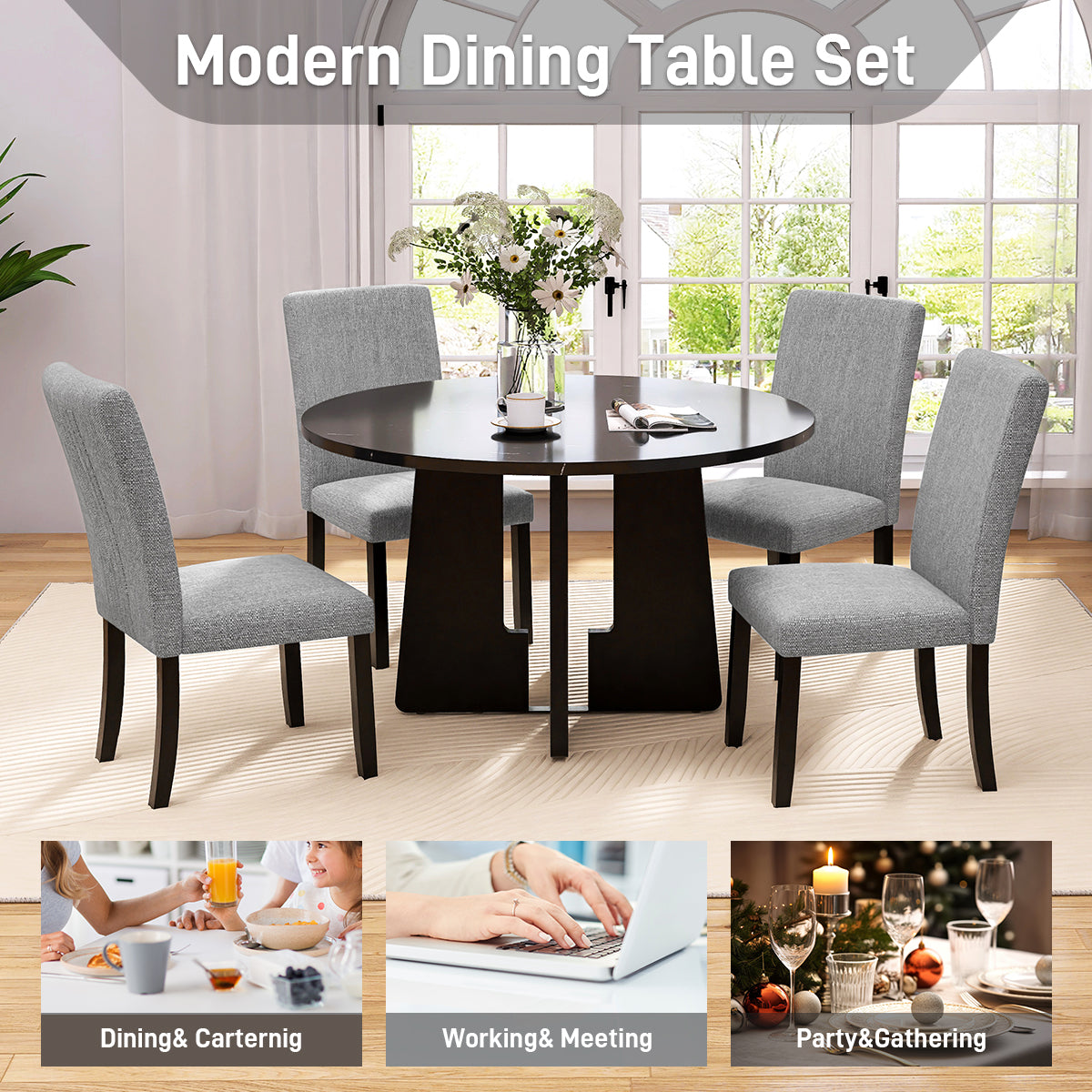 5 Piece Round Dining Table Set, 43 Inch Modern Dining Table And 4 Upholstered Chairs For Dining Room, Kitchen Room, Living Room, Easy Assembly Upholstered Chair Grey Black Dining Room American Design,Farmhouse,Mid Century Modern,Modern Round Round Fabric
