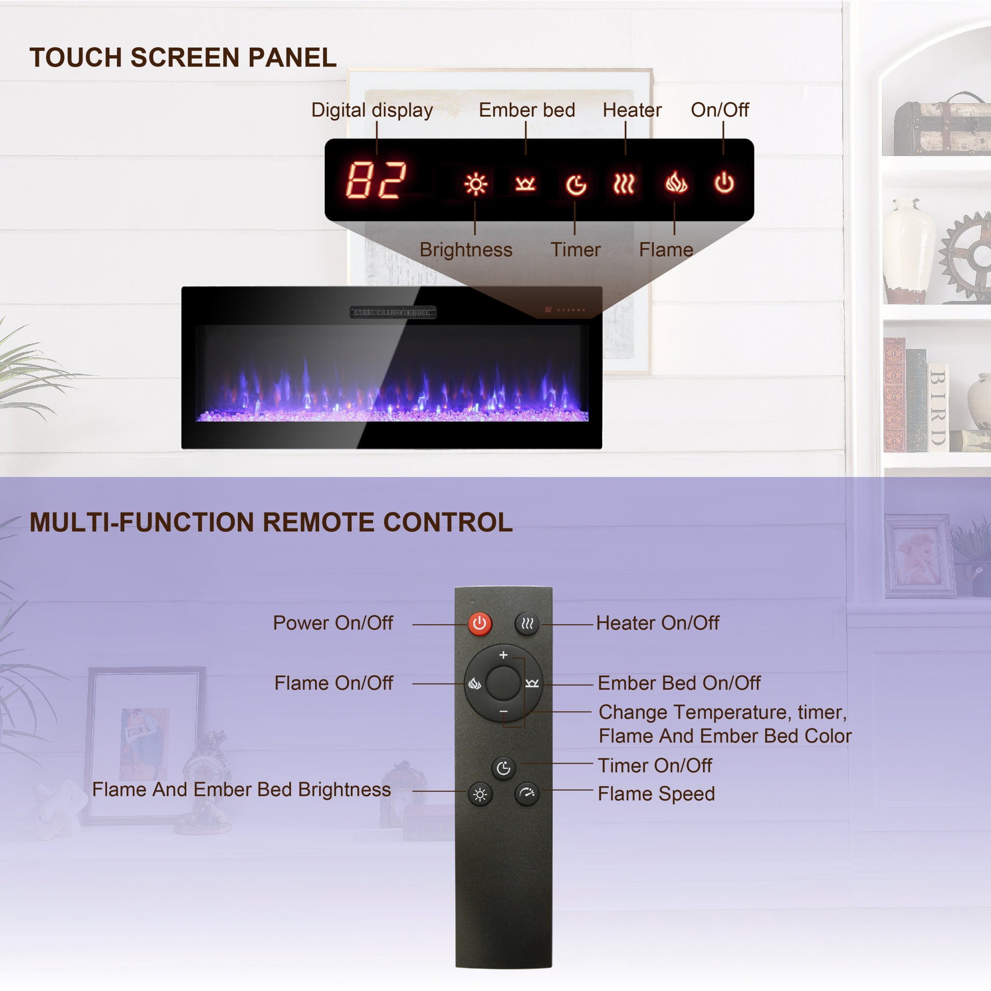 50 Inch Electric Fireplace, Recessed And Wall Mounted Fireplace Powder Coated Electric Antique Black Vent Free Yes Tempered Glass Sheet Metal Plastic Electric