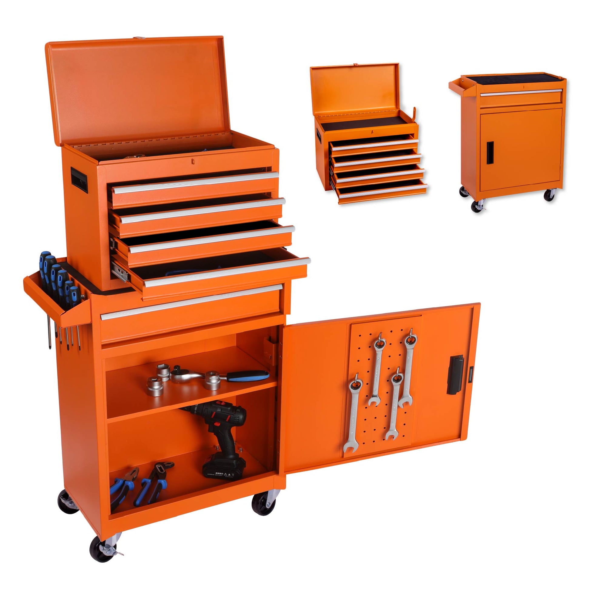 Tool Chest, 5 Drawer Rolling Tool Storage Cabinet With Detachable Top Tool Box, Liner, Universal Lockable Wheels, Adjustable Shelf, Locking Mechanism, Metal Tool Cart For Garage Workshop Orange