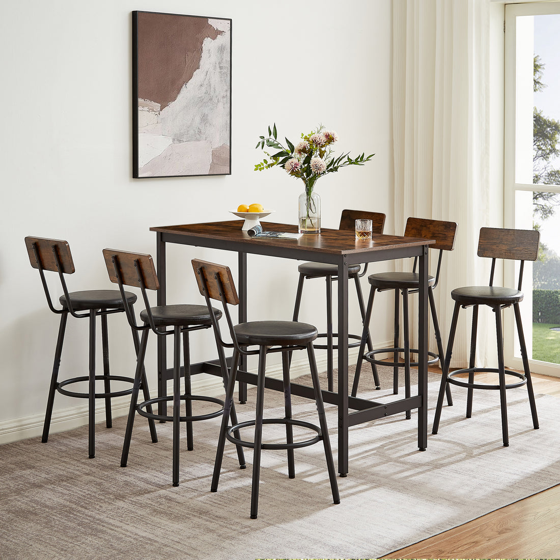 Pub High Dining Table 7 Piece Set, Industrial Style Pub Table, 6 Pu Leather Bar Chairs For Kitchen Breakfast Table, Living Room, Bar, Rustic Brown, 47.2 L X 23.6"W X 35.4"H Rustic Brown Particle