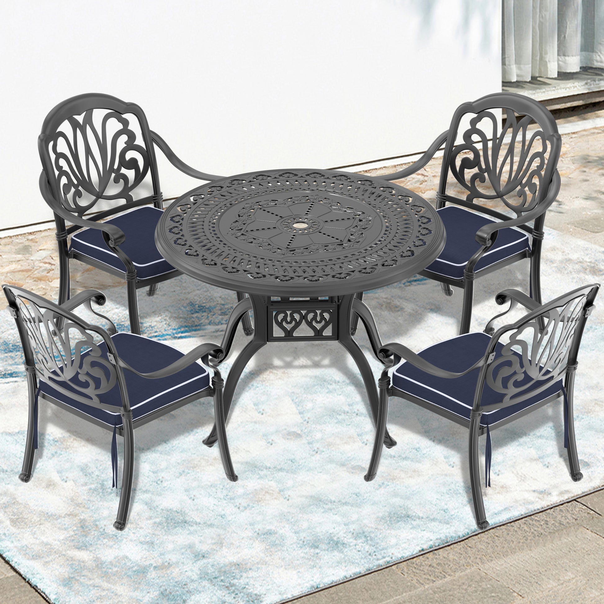 Cushions In Random Colors 5 Piece Set Of Cast Aluminum Patio Furniture With Cushions Yes Dining Set Black Seats 4 Rust Resistant Frame Water Resistant Cushion Garden & Outdoor Complete Patio Sets Aluminium