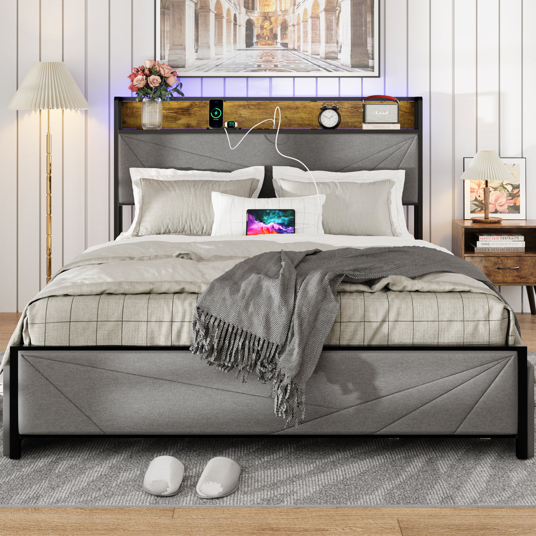 Queen Size Bed Frame With 4 Storage Drawers And 2 Usb Ports, Upholstered Platform Bed Frame With Storage Headboard Charging Station And Metal Slat Support, No Box Spring Needed, Dark Grey. Box Spring Not Required Queen Dark Grey Metal Bedroom Bed Frame