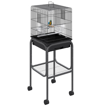 Pawhut 45 Inch Metal Indoor Bird Cage, Parrot Cage, Bird Aviary With Detachable Rolling Stand, Storage Basket, And Accessories Black Black Metal