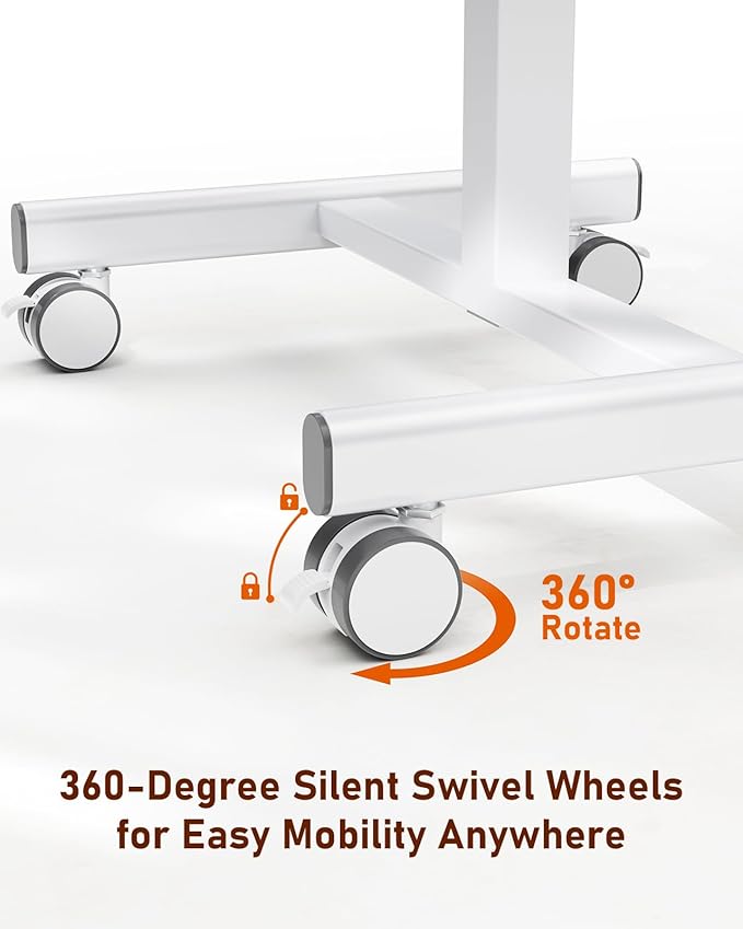 Standing Desk Small Rolling Desk With Lockable Wheels, Mobile Stand Up Desk Adjustable Height, Portable Laptop Desk, Small Computer Standing Table Sit Stand White White Metal & Wood