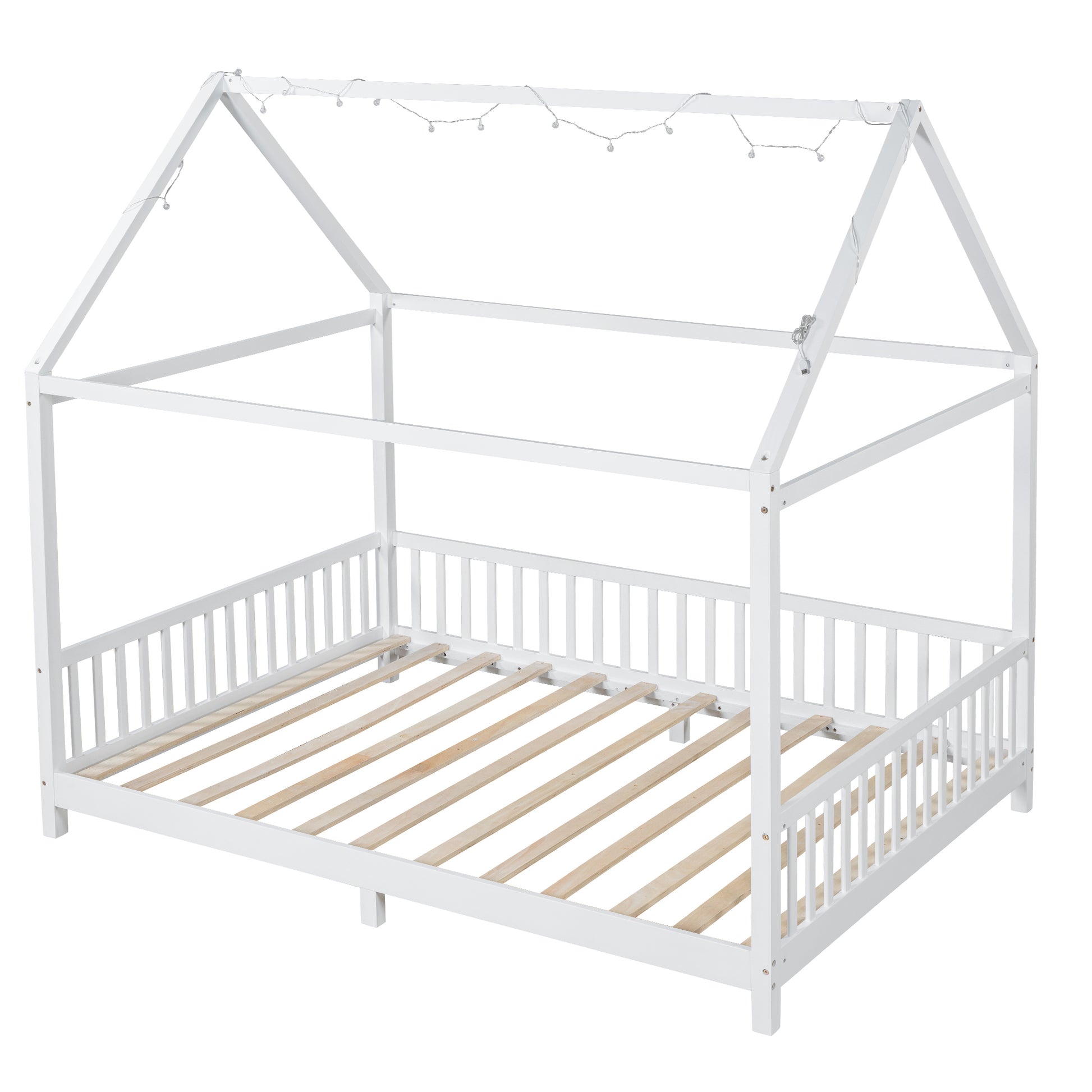 Wood Full Size House Bed With Guardrail And Led, White Box Spring Not Required Full White Wood Bedroom Solid Wood Mdf