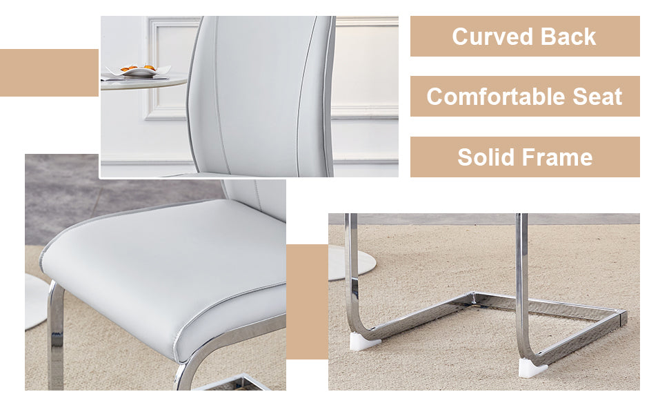 Table And Chair Set.Modern Dining Table,Tempered Glass Tabletop And Silver Colored Leg.Paired With 6 Soft And Comfortable Light Gray Pu Chair, Perfect For Dinner, Meetings, Home And Office Decor.