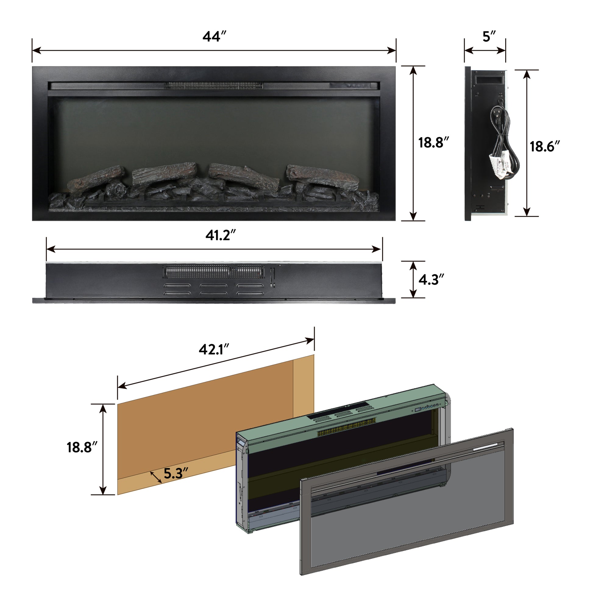 44 Inch Wall Recessed Electric Fireplace With Remote And Imitation Flameled Light Heater Powder Coated Electric Antique Black Vent Free Yes Wall Mount Tempered Glass Sheet Metal
