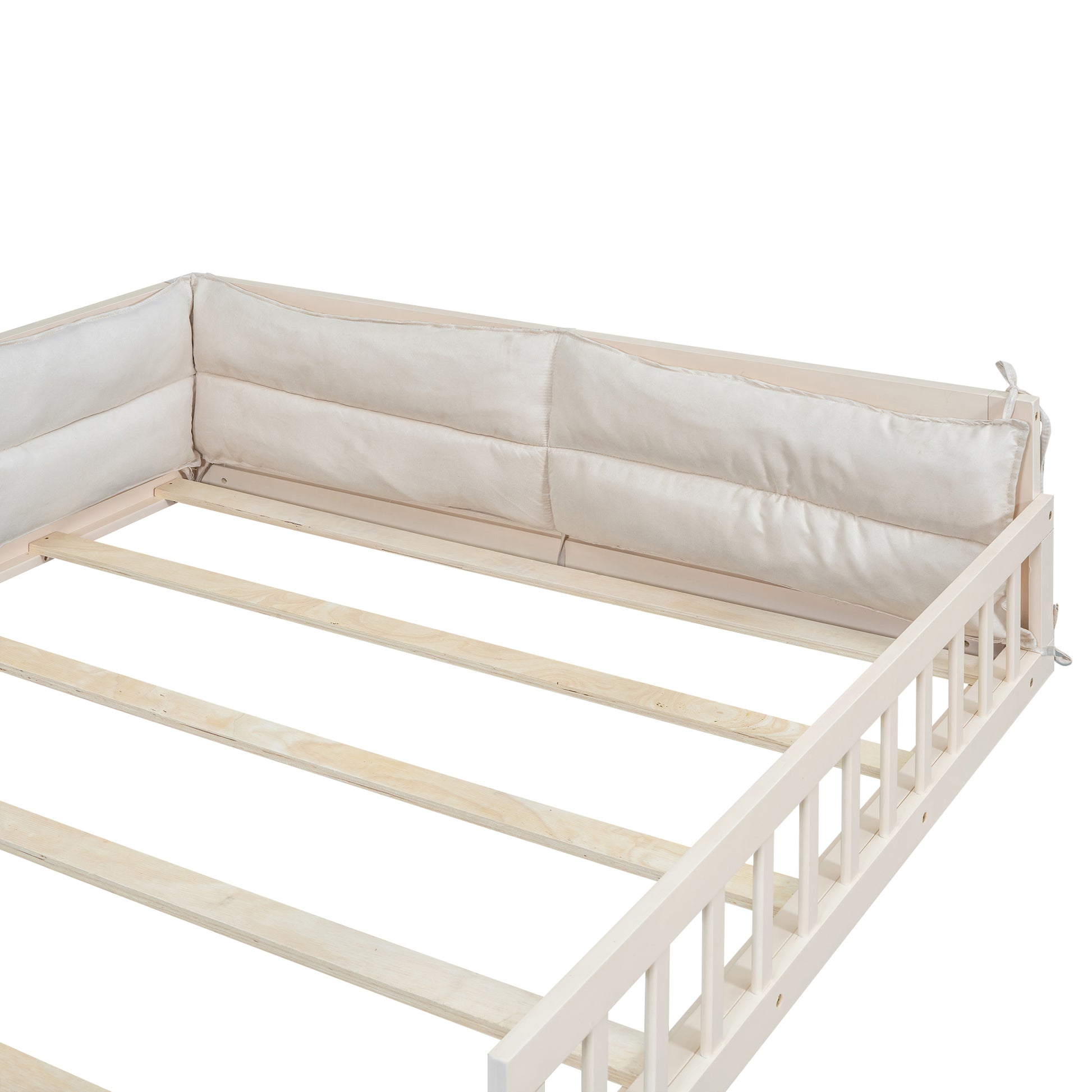 Wood Full Size Upholstered Platform Bed With Guardrail And Pillow, Beige Box Spring Not Required Full Beige Wood Bed Frame Solid Wood Mdf