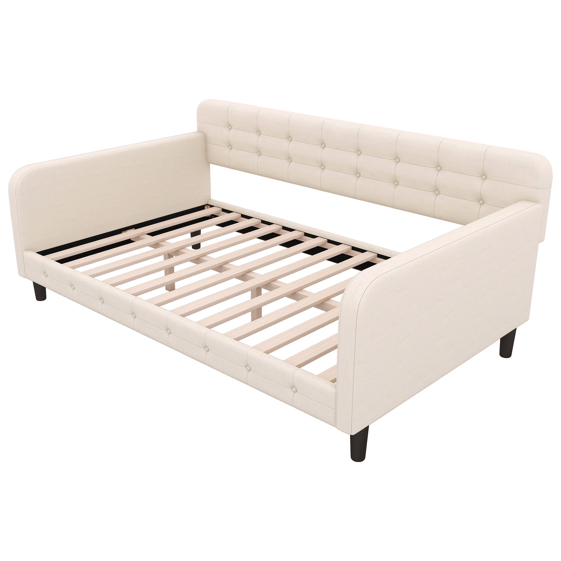 Twin Size Upholstered Tufted Daybed With 4 Support Legs, Beige Box Spring Not Required Twin Beige Wood Bedroom Daybeds Linen Upholstered