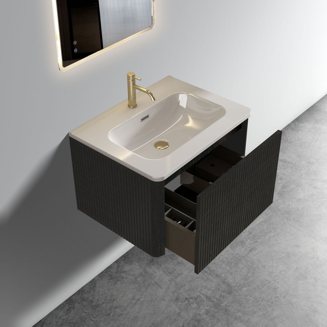 U056 Etna24W 308 Etna 24" Striped Brushed Black Oak Floating Bathroom Vanity With White Ceramic Sink, Bathroom Vanity For Modern Bathroom, One Piece White Sink Basin Without Drain, Pre Assembled