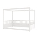 Full Size Canopy Bed Frame With Guardrails For Kids,Floor Bed Full With Four Poster Design,Kids Montessori Floor Bed,Wood Canopy Bed Frame For Girls,Boys Full,White Box Spring Required Full White