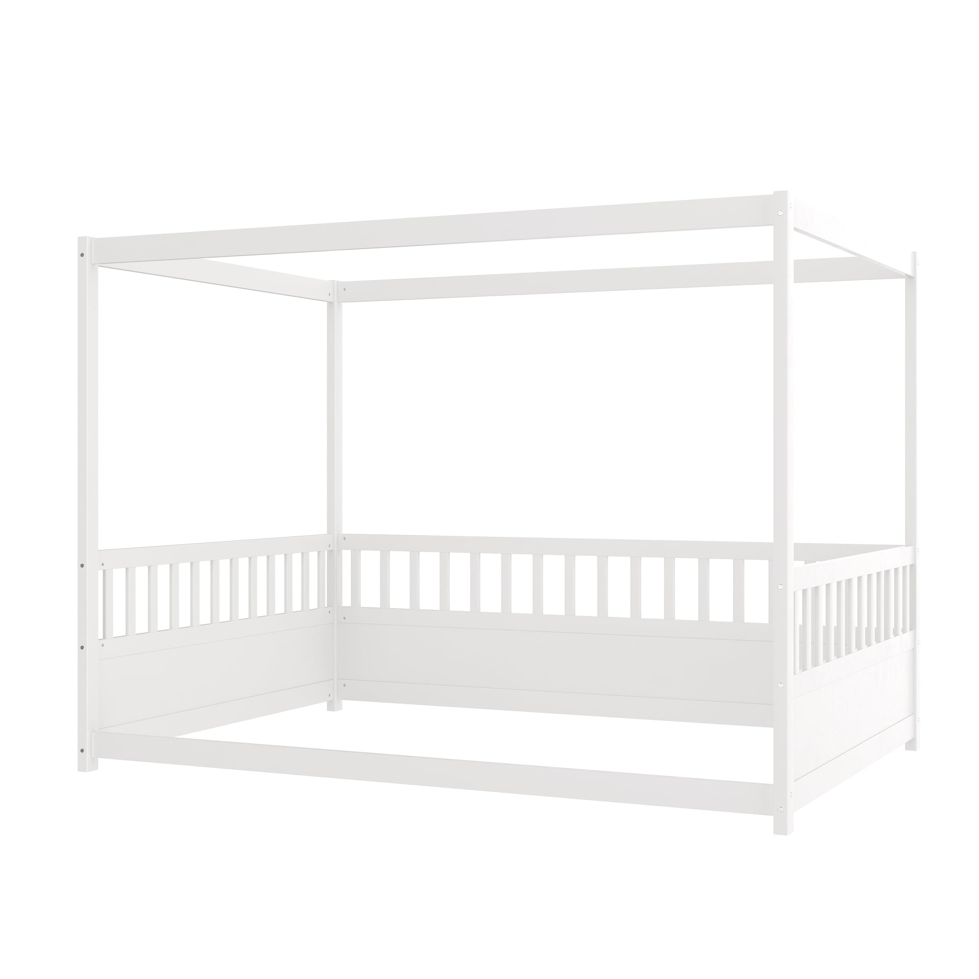 Full Size Canopy Bed Frame With Guardrails For Kids,Floor Bed Full With Four Poster Design,Kids Montessori Floor Bed,Wood Canopy Bed Frame For Girls,Boys Full,White Box Spring Required Full White