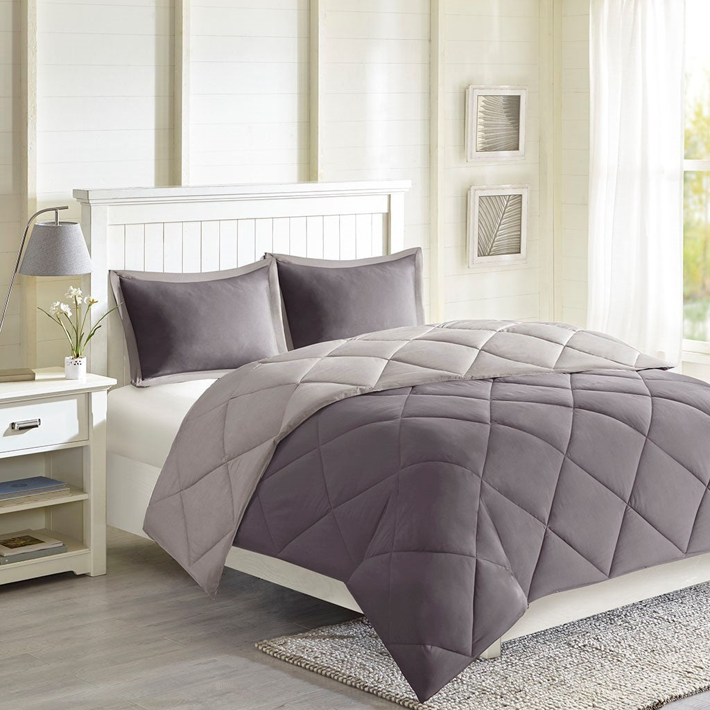 3M Scotchgard Diamond Quilting Reversible Down Alternative Comforter Set King Grey Polyester