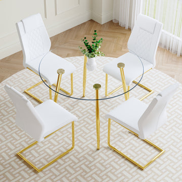 A Modern Minimalist Style Round Transparent Tempered Glass Table With Gold Metal Legs, Paired With 4 Modern Pu Leather High Back Dining Chairs Bring A Luxurious Experience. White Seats 4 Glass Metal