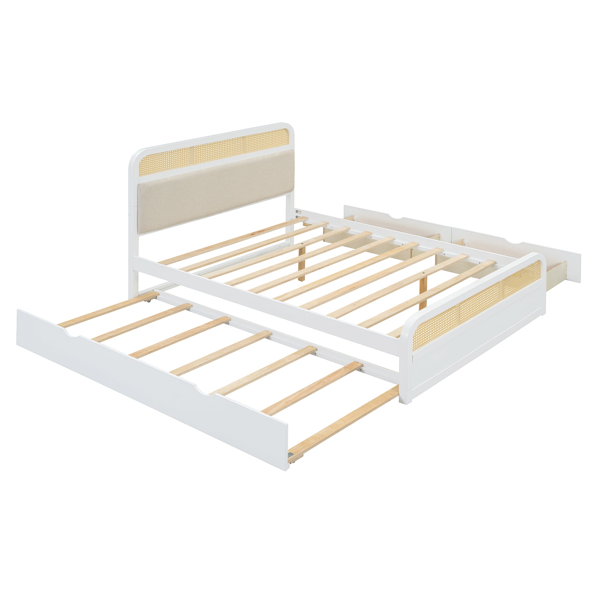 Queen Size Wooden Platform Bed With Trundle And 2 Drawers,White Queen White Solid Wood Mdf