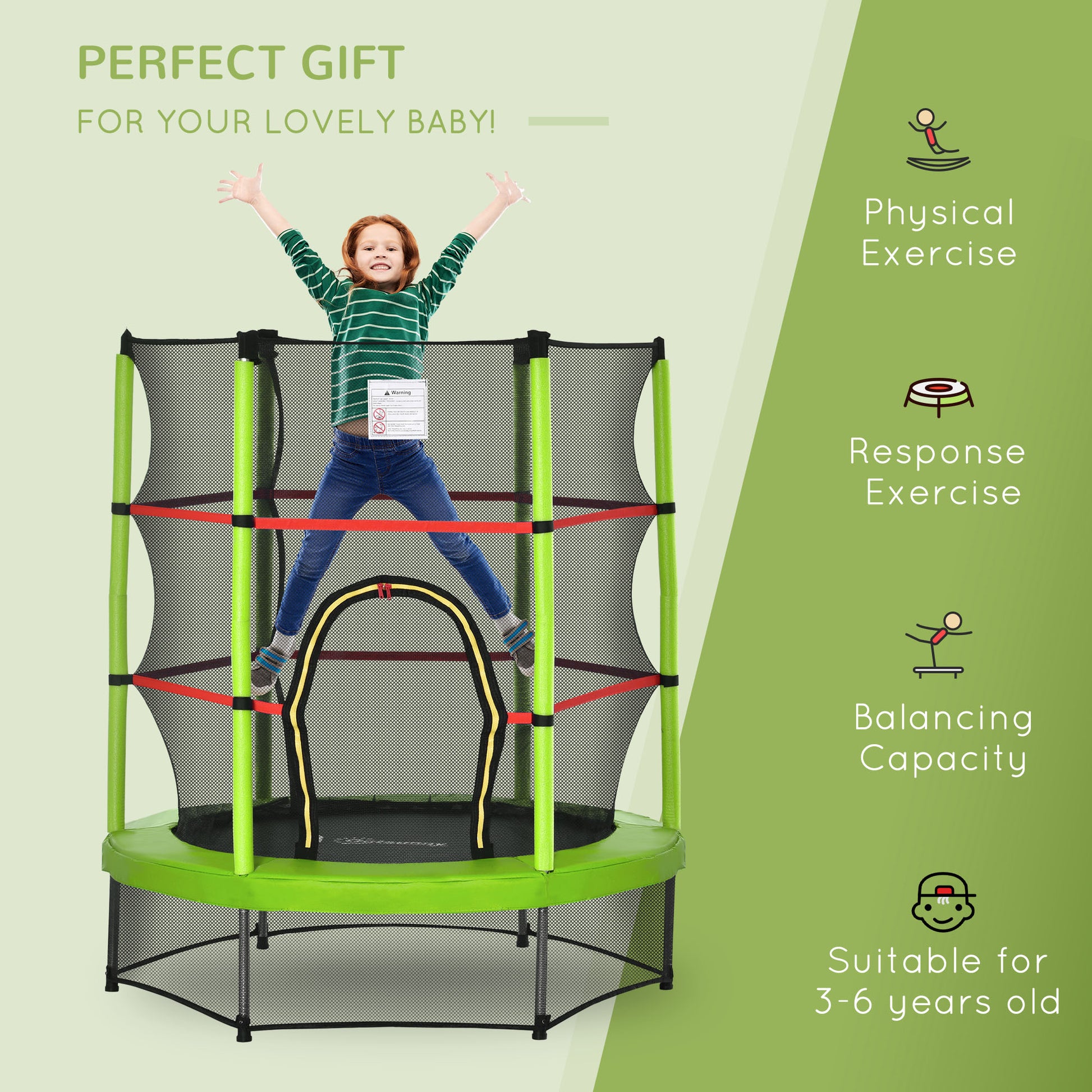 Outsunny 5Ft Kids Trampoline With Enclosure Net, Springless Design, Safety Pad And Steel Frame For Indoor Outdoor, Toddler Round Bouncer For Age 3 To 6 Years Green Green Metal