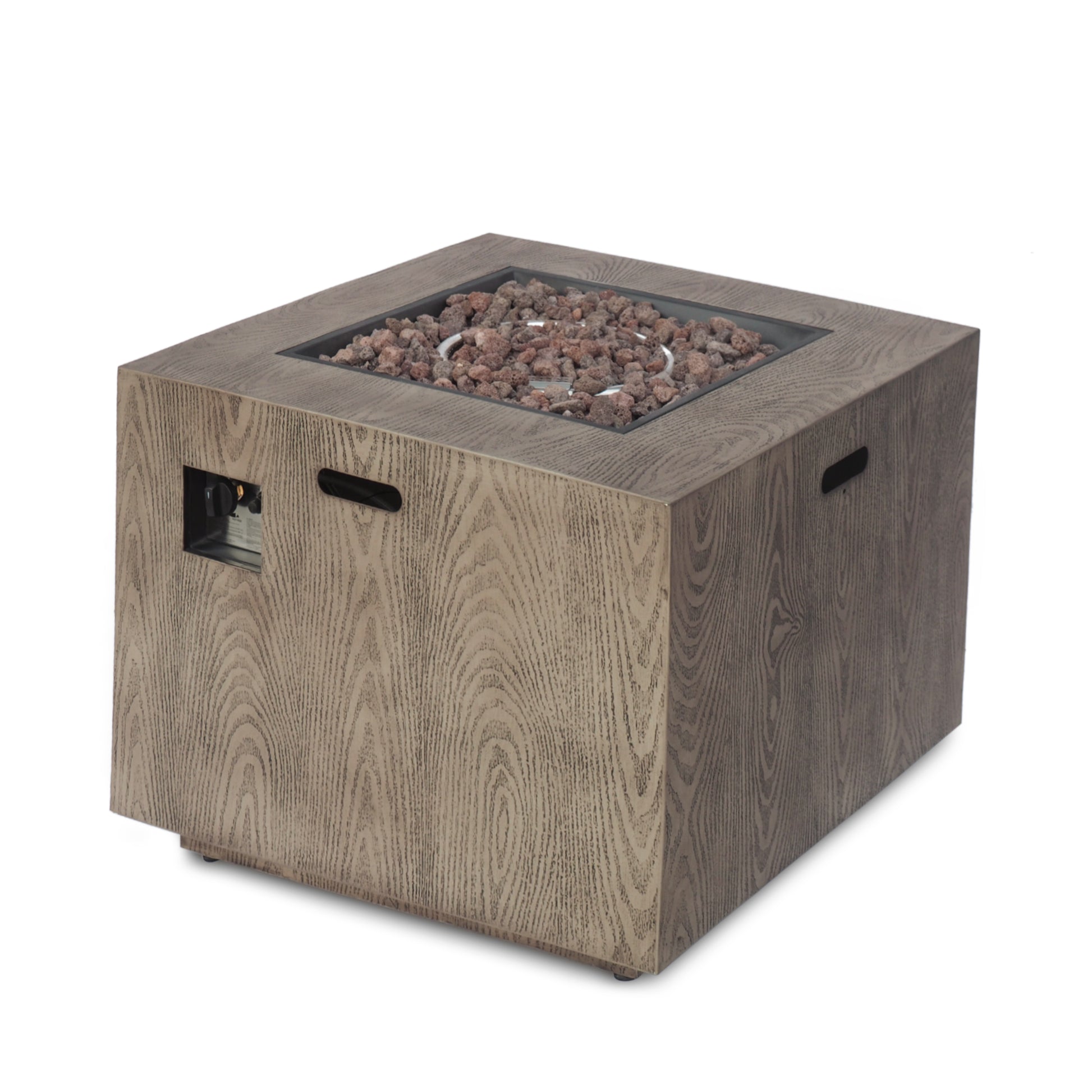 Outdoor Patio Gas Burning Fire Pit 50, 000 Btu Tank Inside, Square, Iron Wood Pattern, Brown Wood Iron