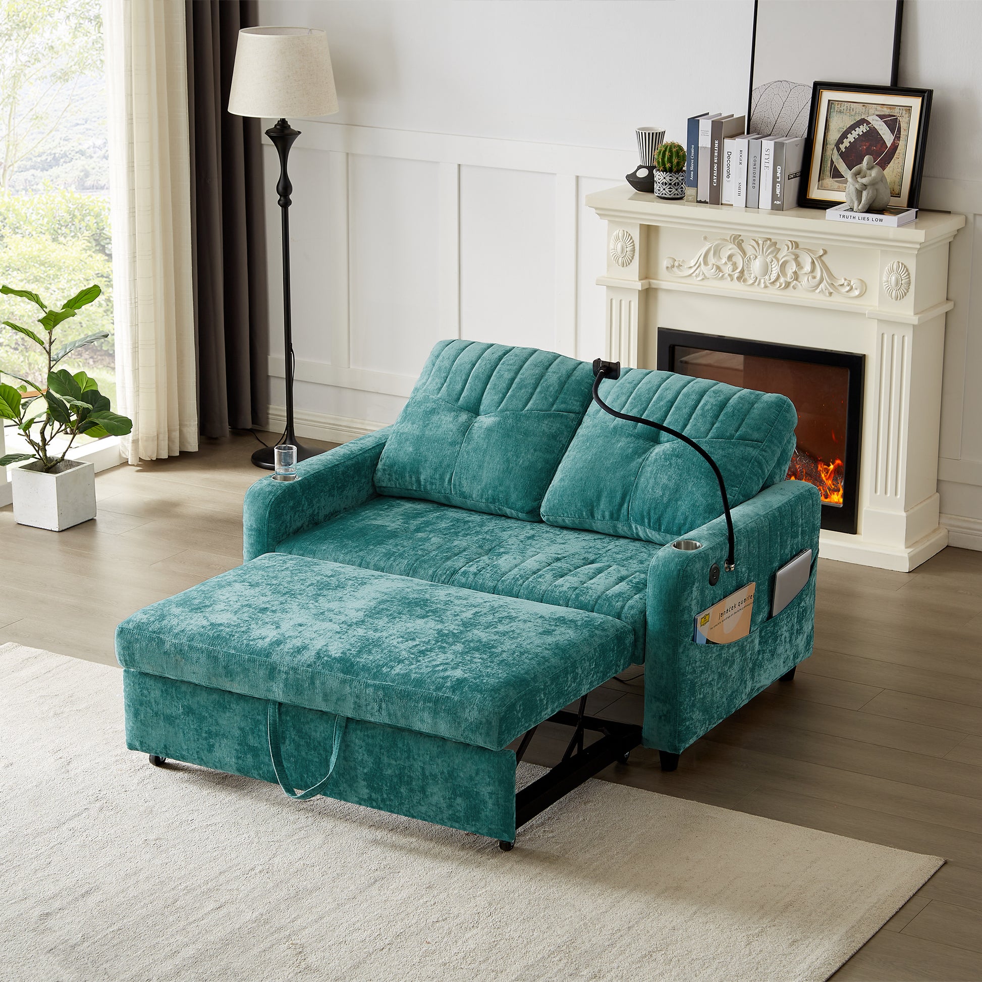 53.9" Modern Loveseat Pull Out Sofa Bed With Adjustable Backrest, Two Cup Holdersa Phone Holder, Three Charging Ports And Side Storage Pockets For Living Room, Teal Teal Foam Chenille