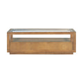 Modern Wood Coffee Table With 2 Drawers ,Minimalist Display Coffee Table With Transparent Tempered Glass, Open Storage Shelf For Living Room Brown Solid Wood Mdf