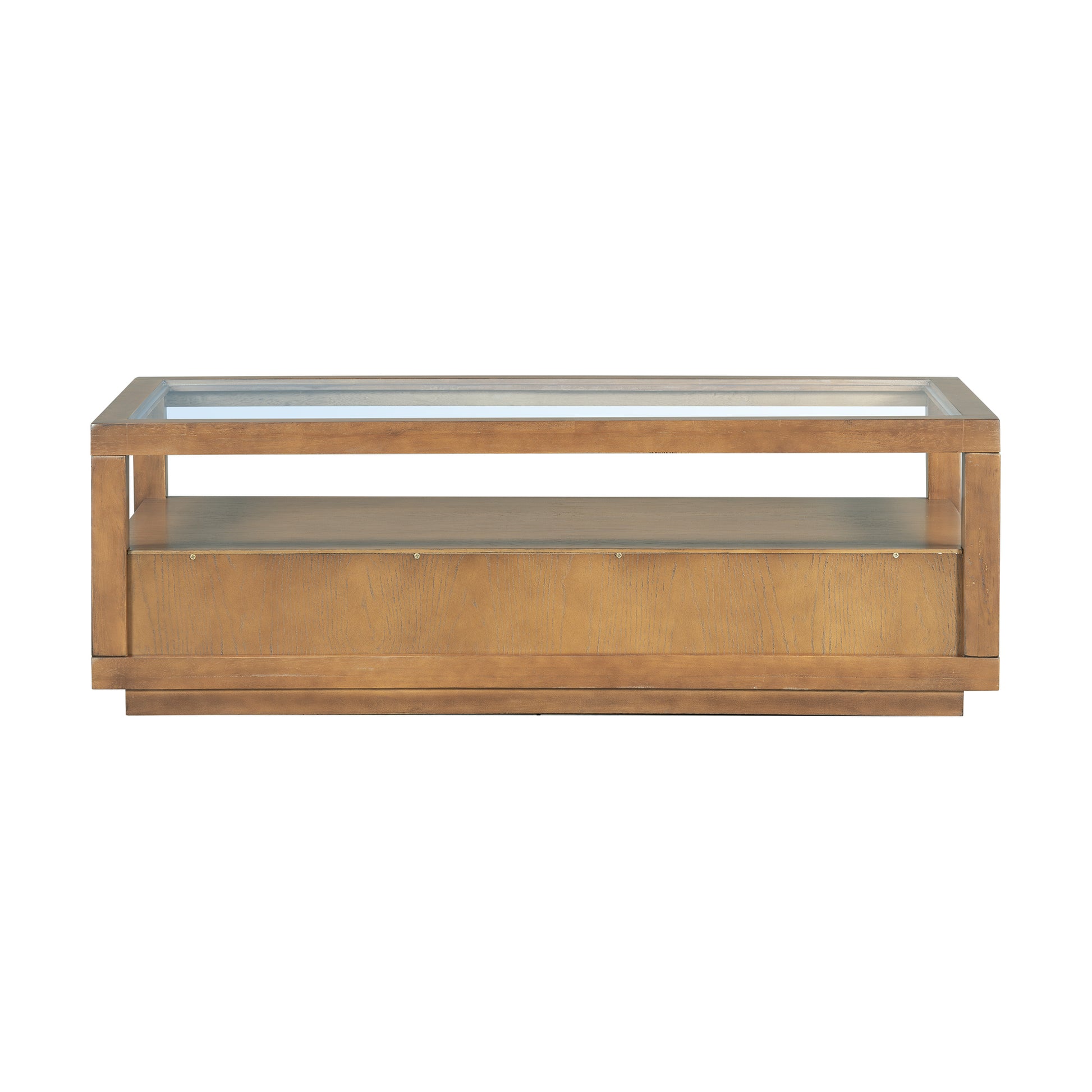 Modern Wood Coffee Table With 2 Drawers ,Minimalist Display Coffee Table With Transparent Tempered Glass, Open Storage Shelf For Living Room Brown Solid Wood Mdf