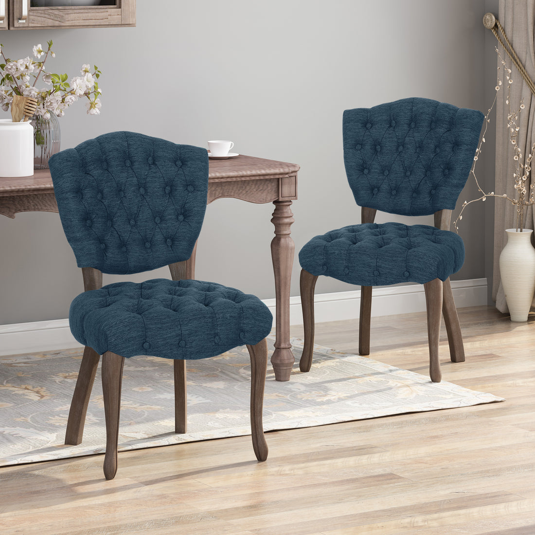 Kd Tufted Chair Wthr Set Of 2 Navy Blue Fabric