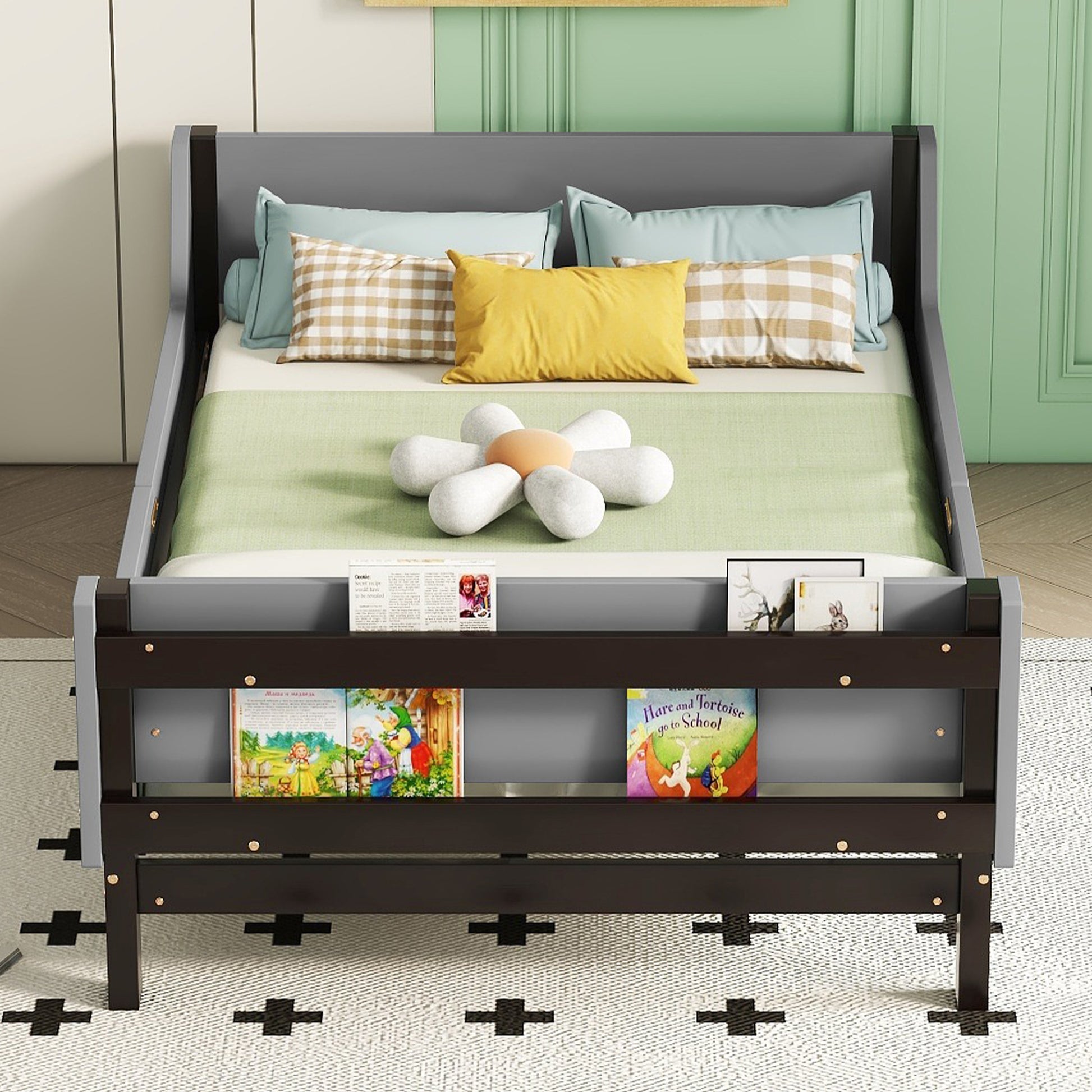 Twin Bed With Headboard, Footboard, Safeguards, Built In Bed End Book Storage Rack ,Grey Twin Grey American Design Pine