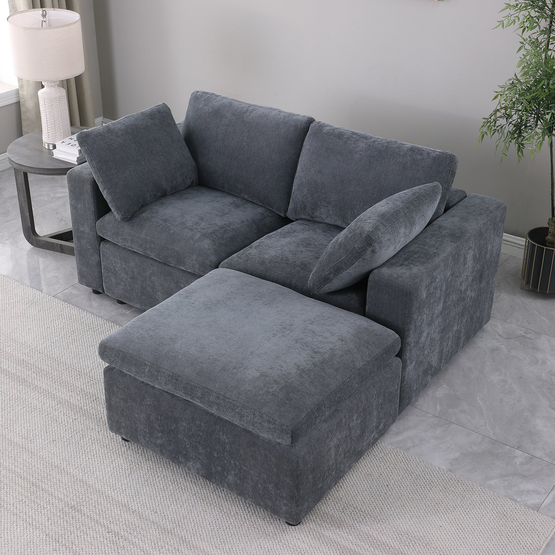 68.5" Loveseat Sofa With Ottoman Modular Sectional Beautiful Seat Couch Small L Shaped Upholstered Couch For Living Room Apartment Small Space, Chenille Grey Grey Fabric 3 Seat