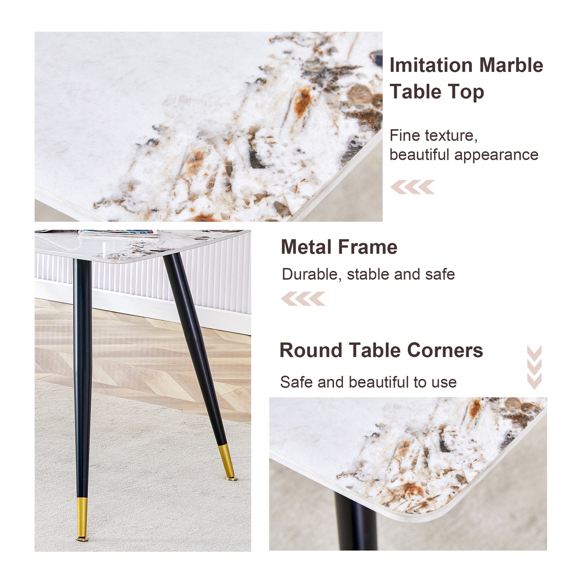 Table And Chair Set, Imitation Marble Texture Rock Board Table Top, Black Metal Table Legs. Paired With 6 White Artificial Leather Backrest Cushion Dining Chairs With Black Metal Legs. White Black Seats 6 Metal