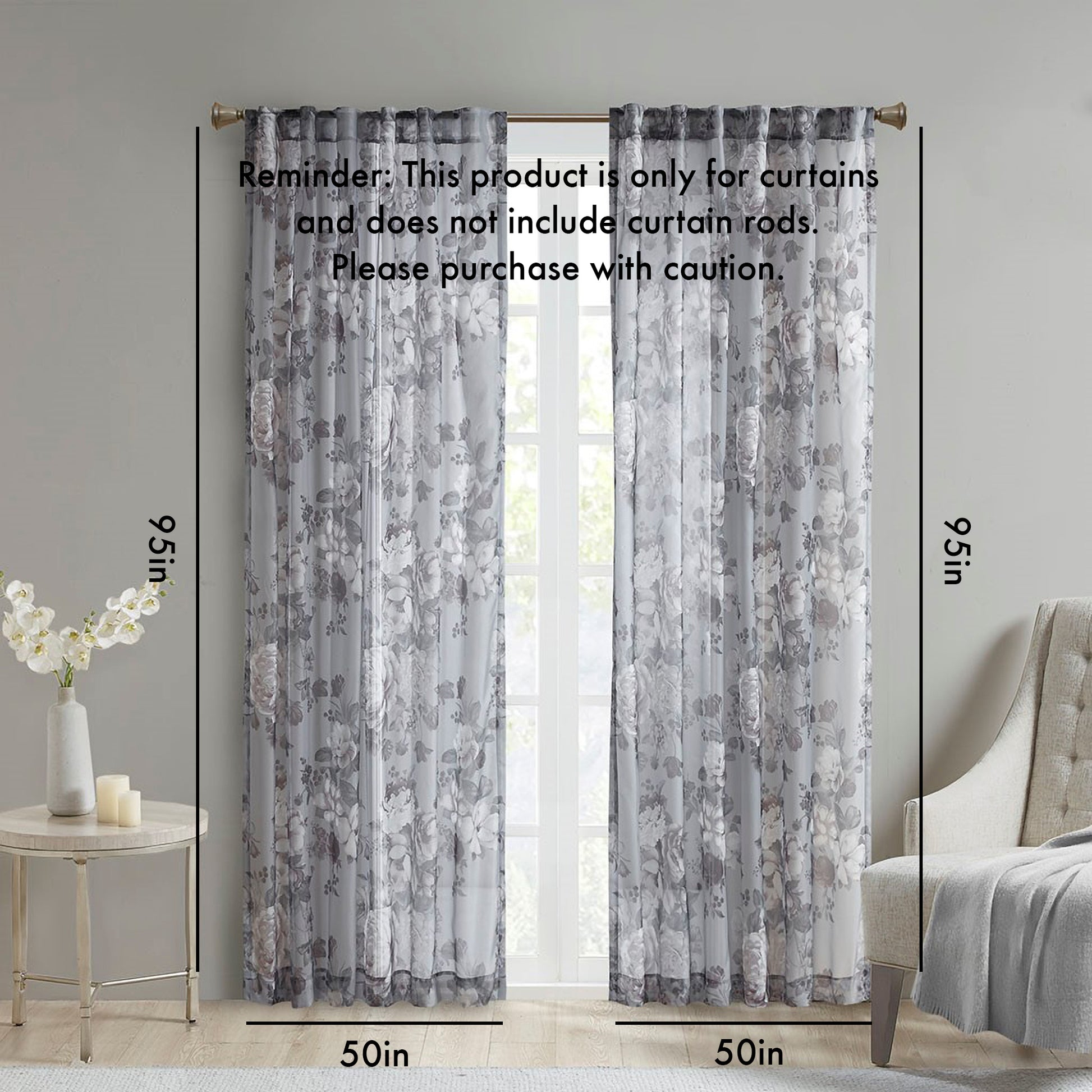 Printed Floral Rod Pocket And Back Tab Voile Sheer Curtain Only 1 Pc Panel Grey Polyester