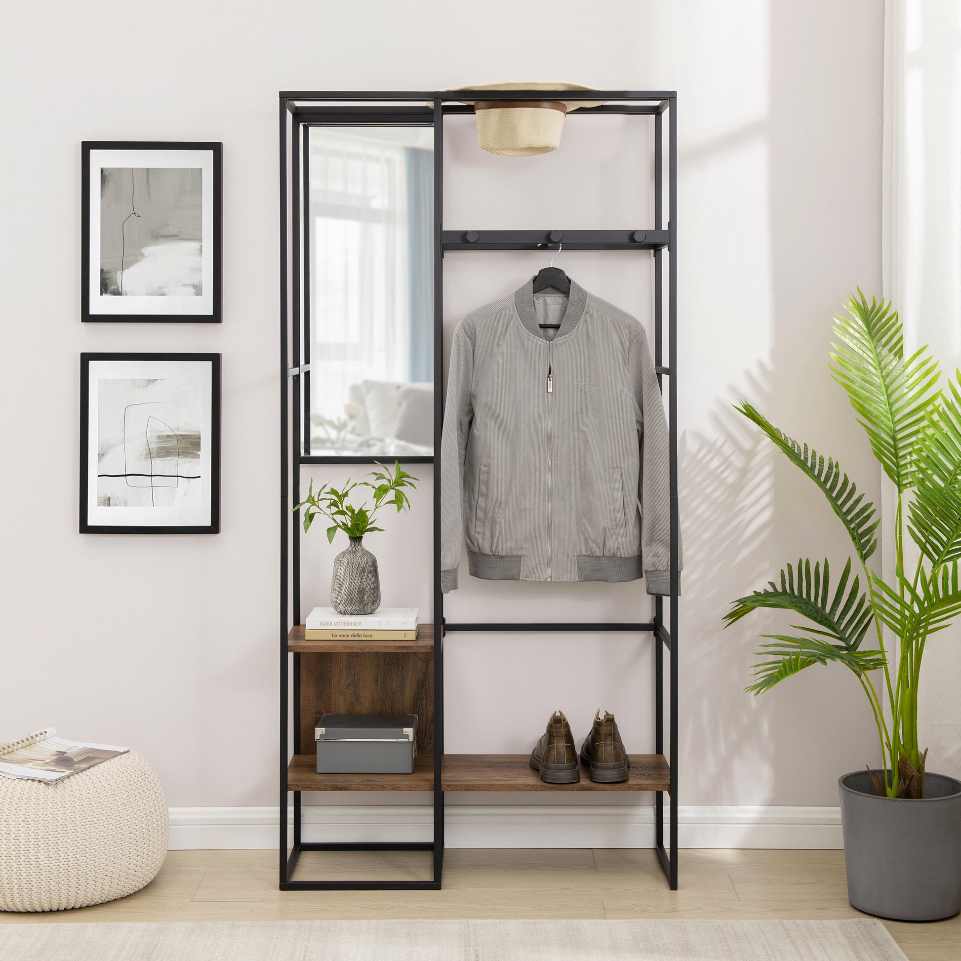 Modern Metal And Wood Hall Tree With Hanging Storage Rustic Oak Oak Mdf Mdf