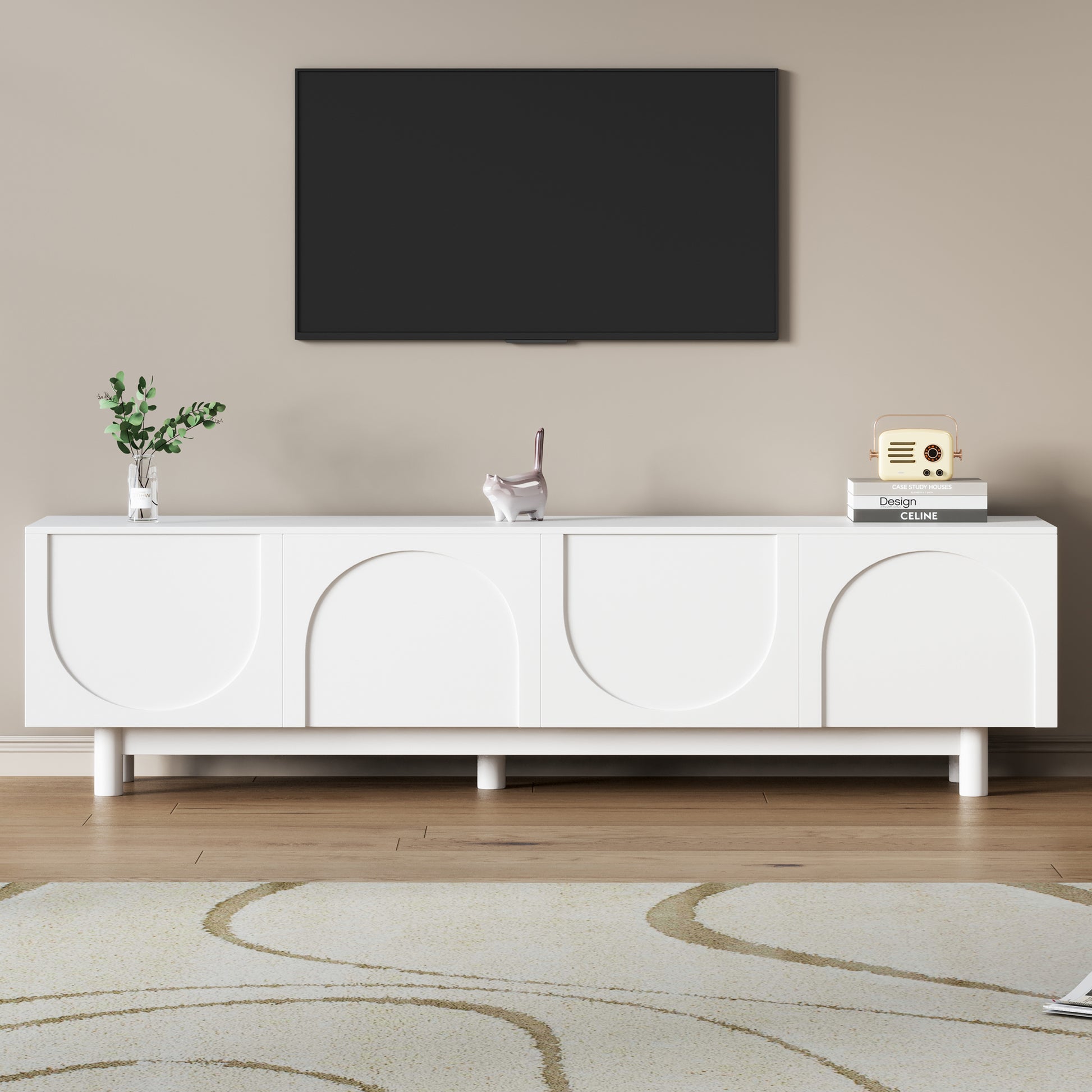 Graceful Tv Stand With Arch Cabinets For Tvs Up To 78'', Minimalist Entertainment Center With Solid Wood Legs, Practical Media Console With Adjustable Shelves For Living Room, White White Primary