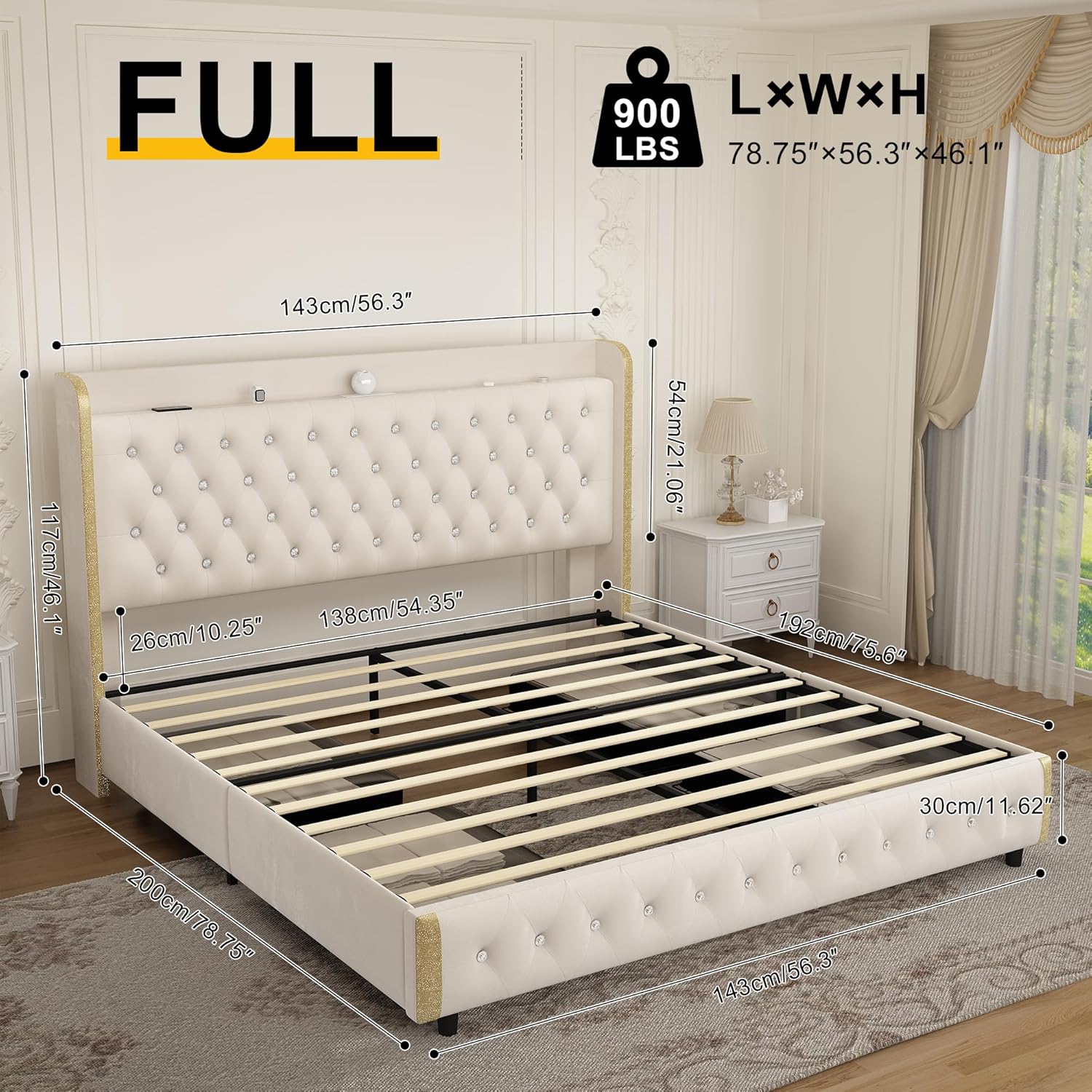 Queen Size Bed Frame With 4 Drawers, Star Projector Galaxy Light, Wingback Upholstered Headboard With Diamond Button, Usb Charger And Music Speaker, Pu Leather Cream Mdf Metal
