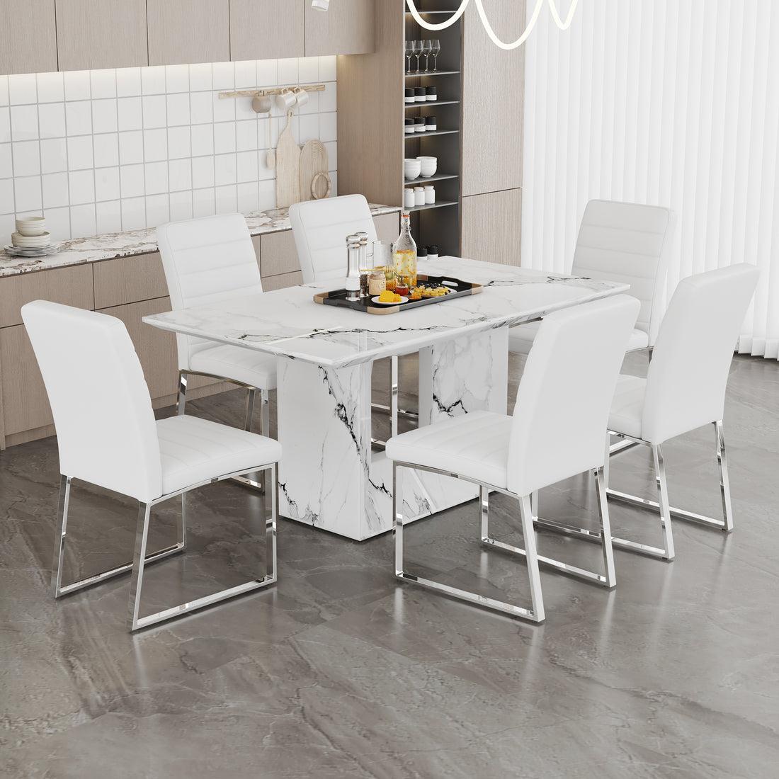 Table And Chair Set.63"X35.4" White Marble Patterned Mdf Dining Table Set With 6 Armless White Pu Chairs.The Backrest Of The Dining Chair Is Designed With Multiple Horizontal Stripes. White Seats 6