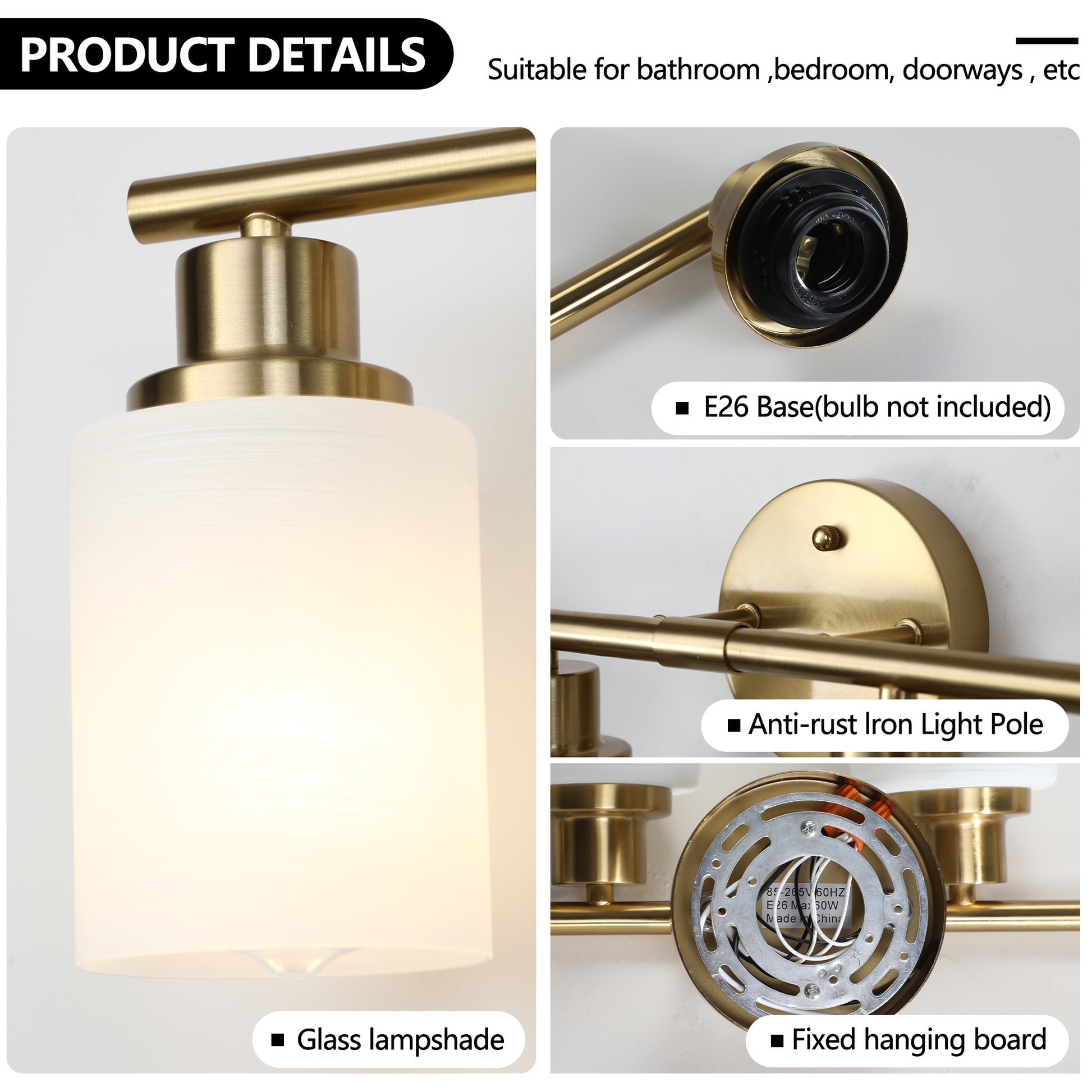 4 Light Golden Bathroom Vanity Light Fixture, Frosted Glass Shades, Modern Wall Mounted Lighting No Bulbs Golden Glass Iron