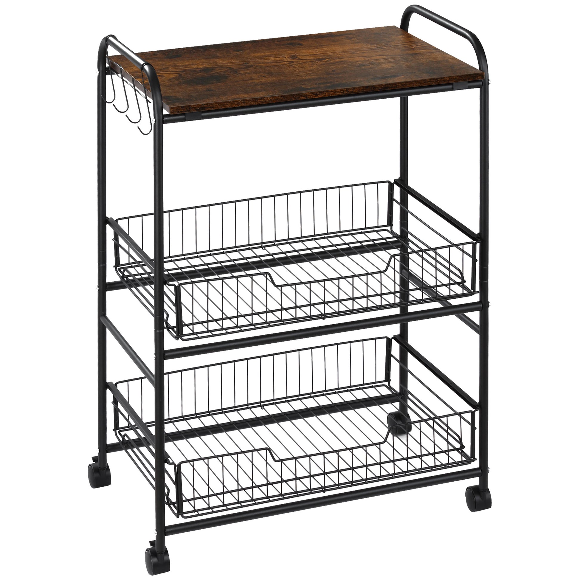 Homcom 3 Tier Rolling Kitchen Cart With Storage, Kitchen Island Cart On Wheels With 2 Sliding Fruit Basket, Microwave Cart With Side Hooks For Dining Room, Brown Rustic Brown Mdf Metal