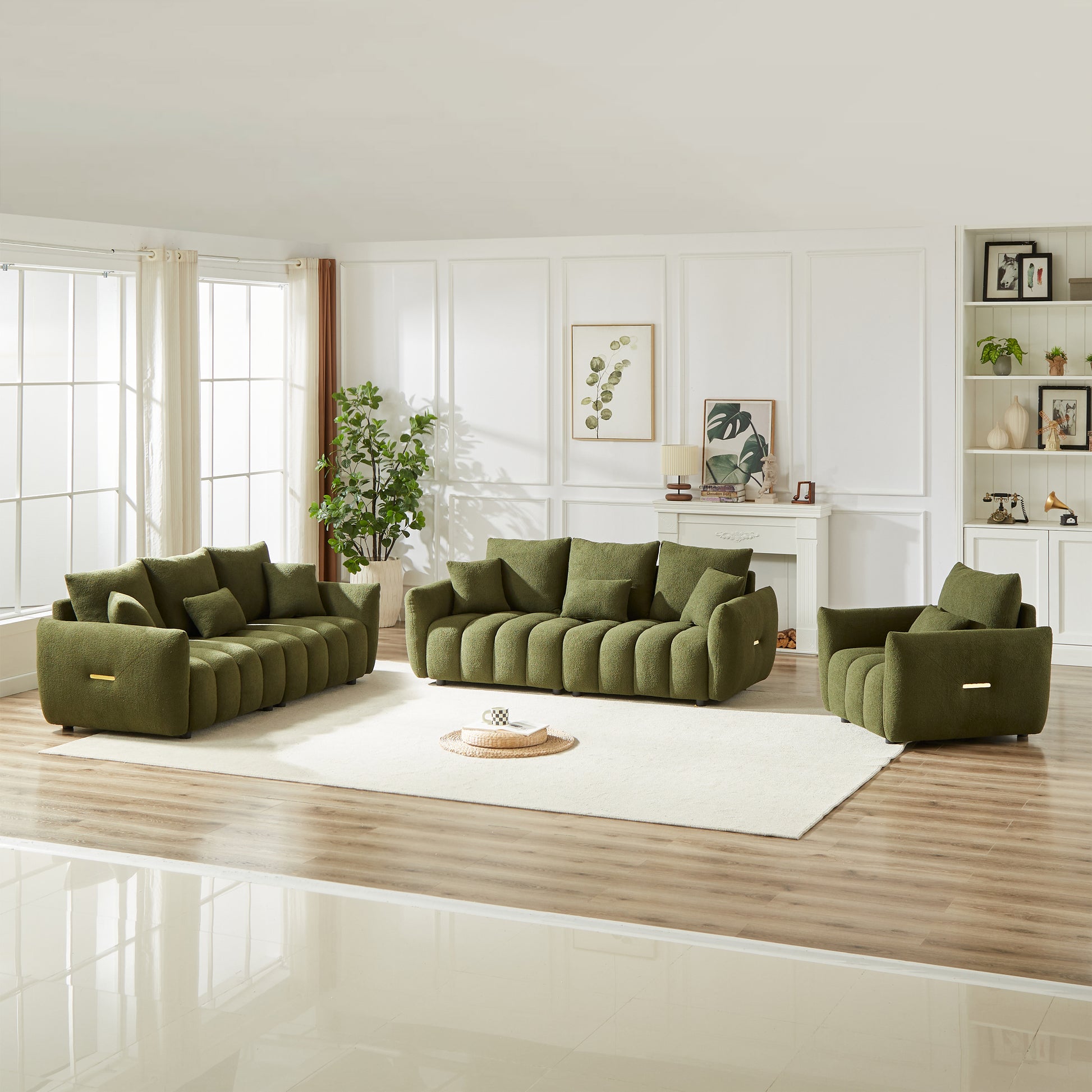 1 Seater 3 Seater 3 Seater, Combo Sofa Modern Living Room Sofa, Teddy Sofa, Wooden Frame, 7 Cushions, Apartment Sofa Furniture Green Wood Primary Living Space Pine Foam Fabric 7 Seat