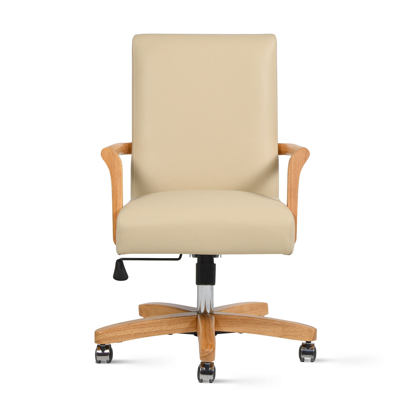 Dumont Modern Farmhouse High Back Executive Home Office Chair, Neutral Cream Beige Leather & Natural Wood Beige Foam Leather