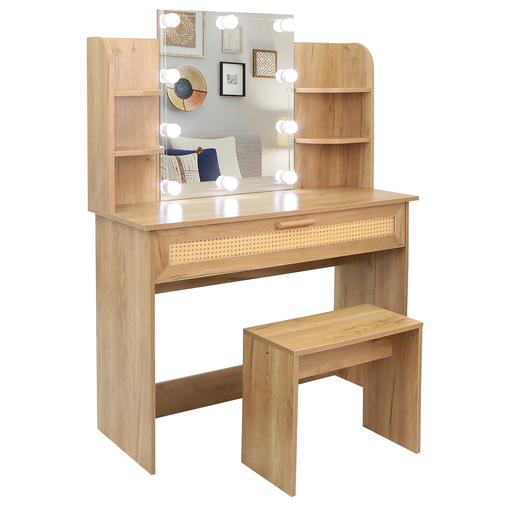 Vanity Desk Set Stool & Dressing Table With Led Lighting Mirror Drawer And Compartments Modern Wood Cosmetic Table Chest Of Drawers Nature Color Natural Wood Particle Board