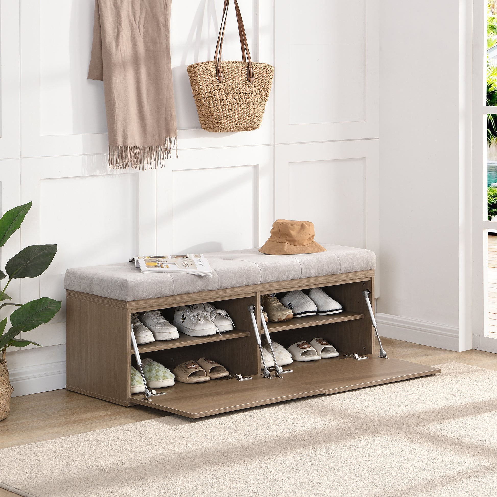 49" Shoe Storage Bench Entryway Shoe Cabinet Storage Ottoman With Padded Seat Cushion And Double Doors For Entryway, Hallway And Bedroom, Light Grey Cushioned Light Grey Chenille Solid Shoe Storage