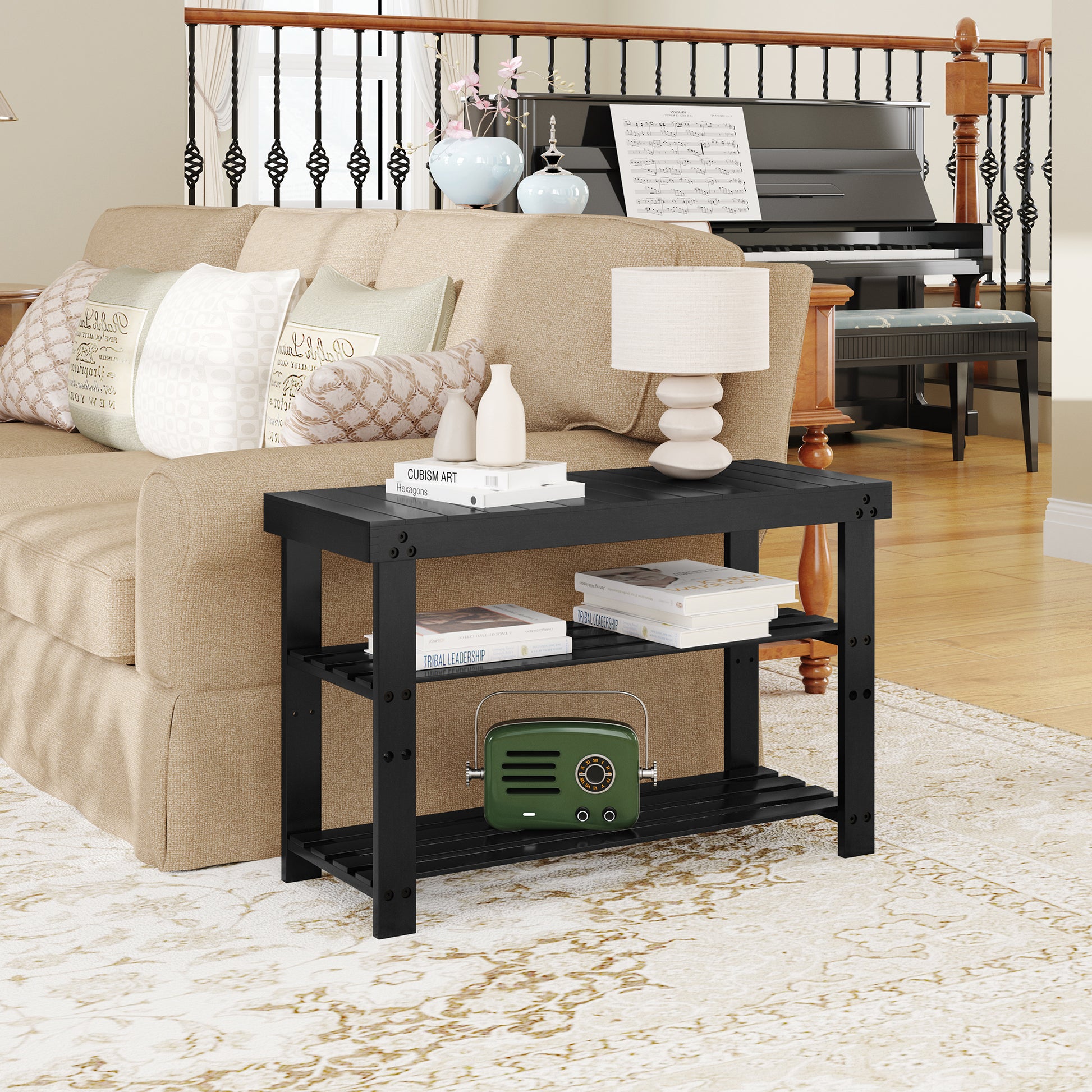 Bamboo Shoe Bench, 3 Tier Shoe Rack, Entryway Bench With Cushion And Adjustable Shelves, Shoe Rack For Entryway, Hallway, Mudroom And Living Room, Black Black Bamboo