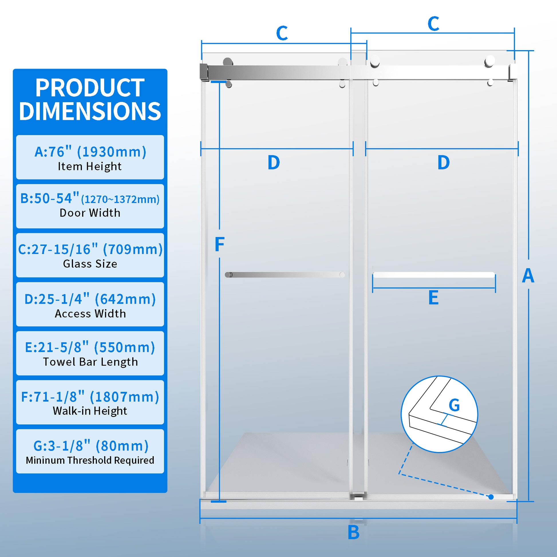 50 54 Inches Width 76 Inches Height Double Sliding Frameless Shower Door With 3 8 Inches 10Mm Clear Tempered Glass, Chrome Finish Chrome Bathroom Luxury,Modern Glass Aluminium,Stainless Steel